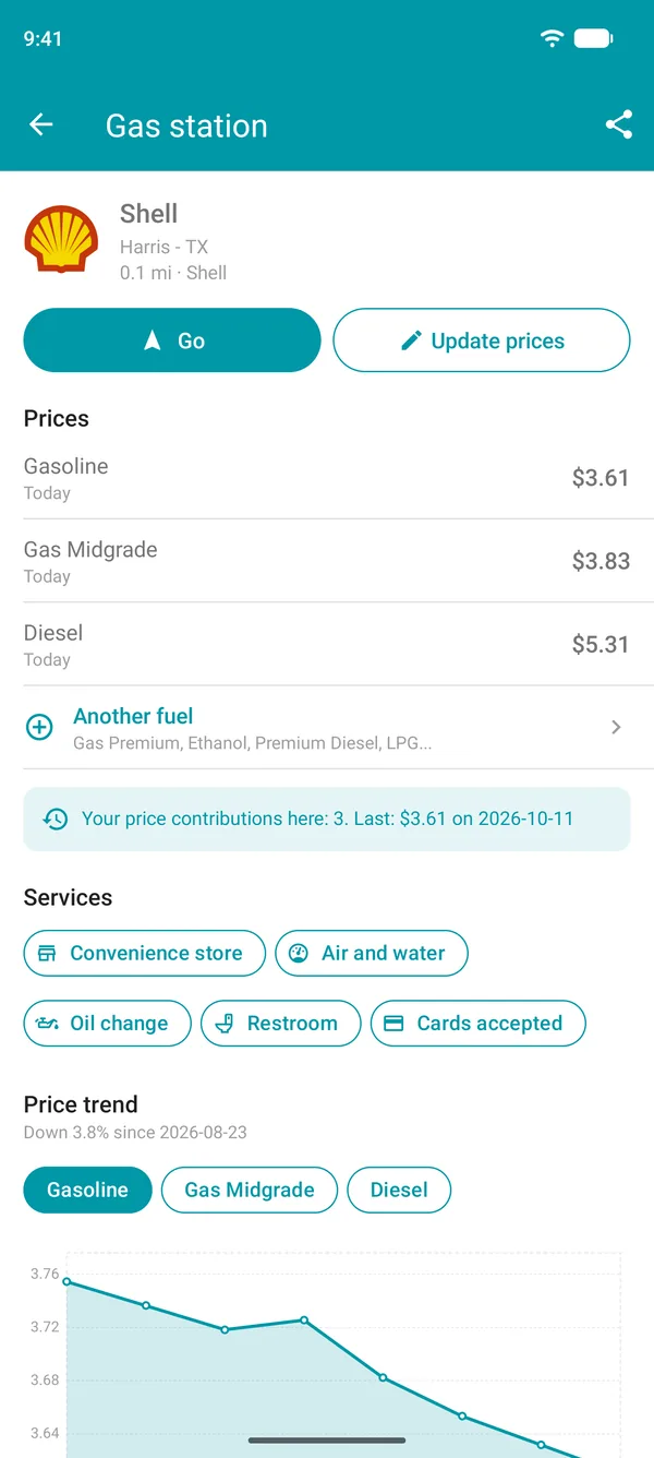 Gas station details in the Drivvo app with fuel prices, services and the price history chart