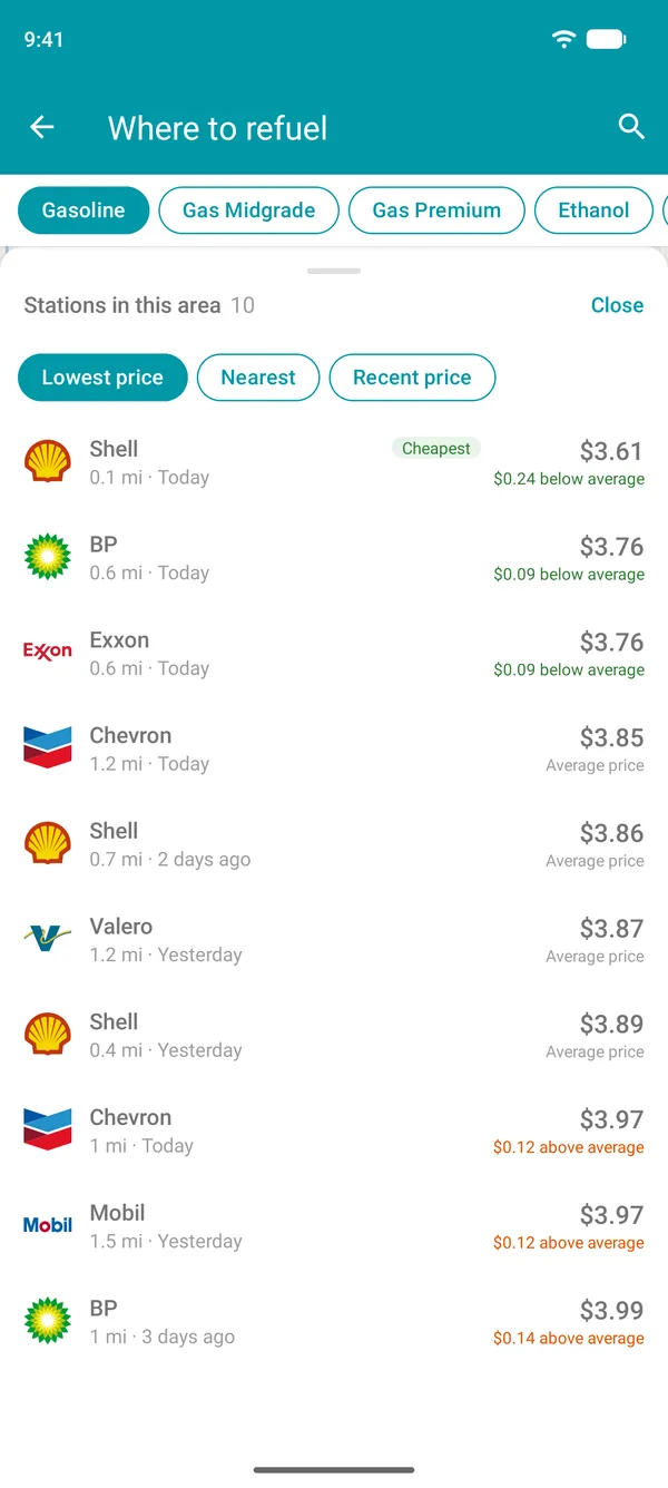 List of gas stations near you in the Drivvo app, from the lowest price up, with the option to sort by distance