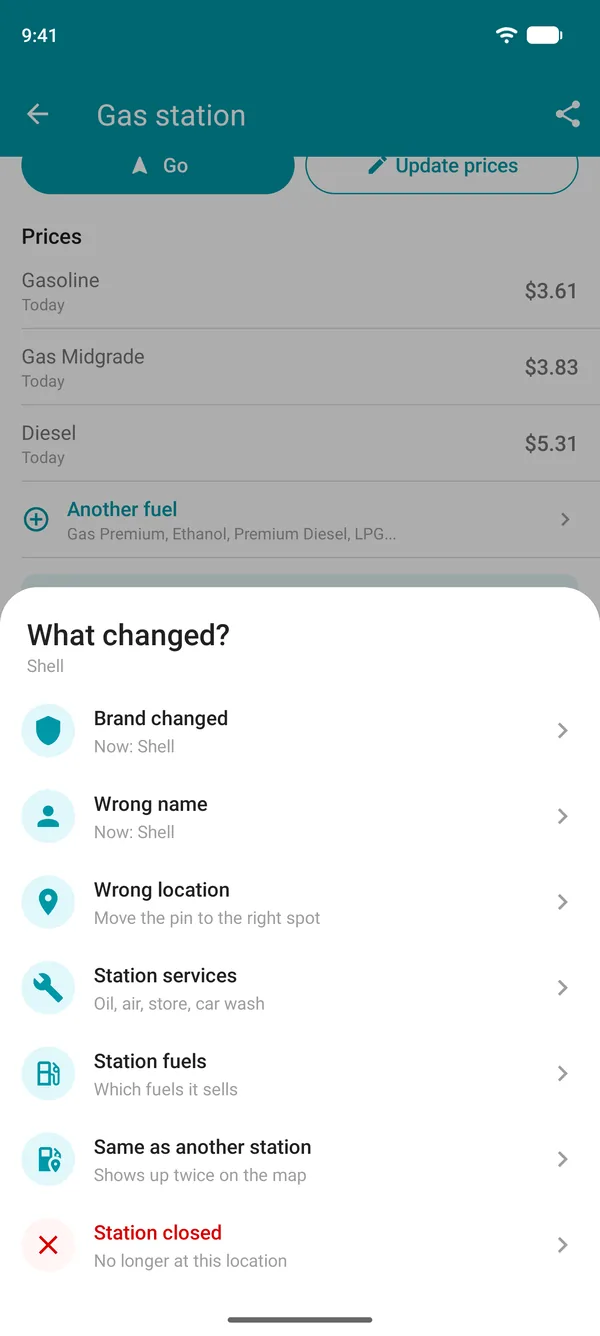 Suggest a change options in the Drivvo app: brand, name, location, services, fuels, duplicate or closed station