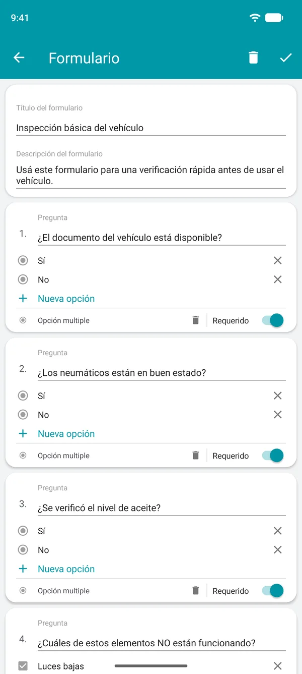 Creación de un formulario de lista de verificación en la app de Drivvo, con preguntas de sí o no y un campo obligatorio