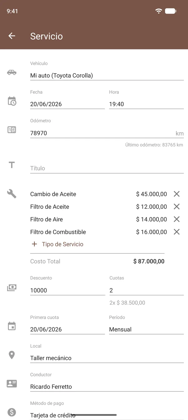 Registro de mantenimiento en Drivvo con cambio de aceite, filtros, costos, odómetro y lugar