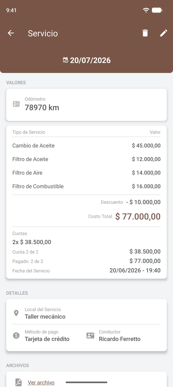 Detalles de un mantenimiento con los ítems, descuento, cuotas, lugar y conductor