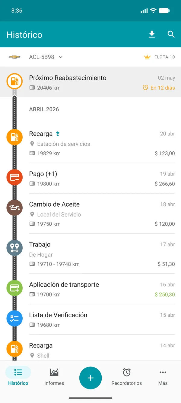 Drivvo — Historial de registros