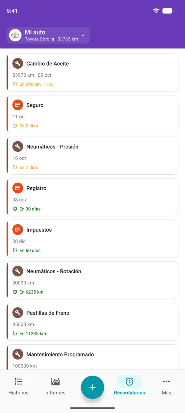 Recordatorios en la app de Drivvo para el servicio, la patente y los impuestos, con el tiempo que falta para cada vencimiento