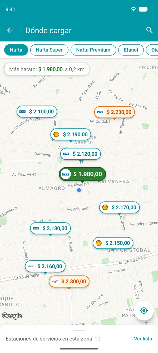 Mapa de la app Drivvo con el precio de la nafta en cada estación de servicios cercana y la más barata en verde