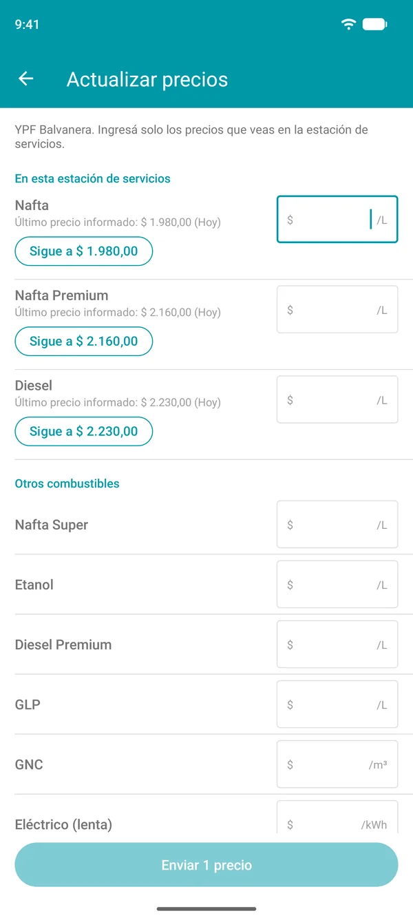 Pantalla Actualizar precios de Drivvo, con el último precio informado de cada combustible y un botón para confirmarlo