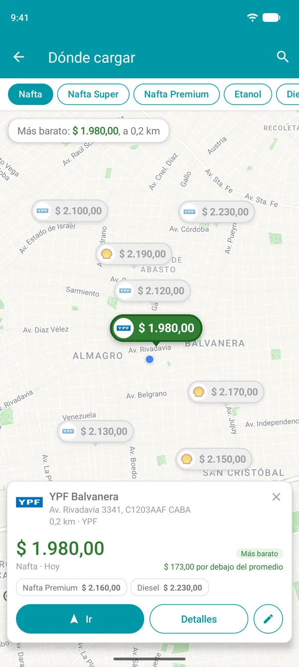 Estación de servicios más barata abierta en la app Drivvo, con precios de combustible, distancia y el botón Ir