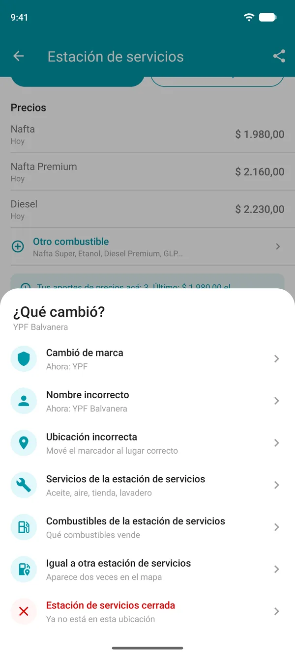 Opciones de Sugerir un cambio en Drivvo: marca, nombre, ubicación, servicios, combustibles, estación duplicada o cerrada