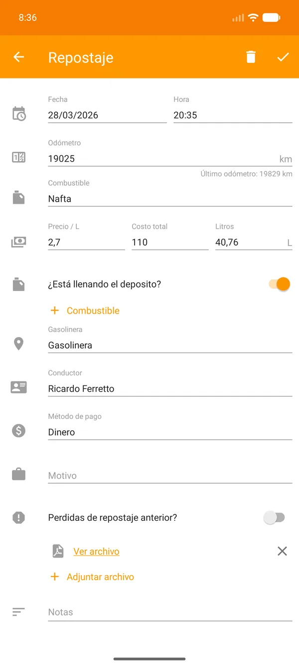 Drivvo — Registro — Control de combustible