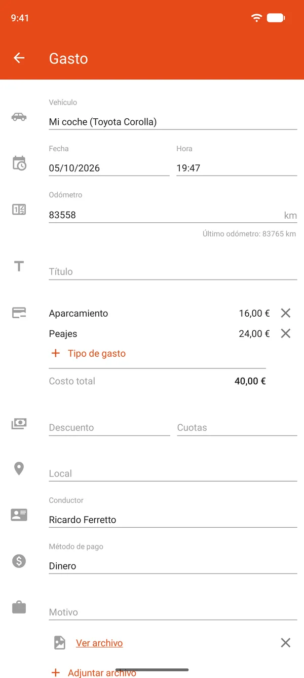 Registro de un gasto de aparcamiento y peajes, con descuento y pago a plazos