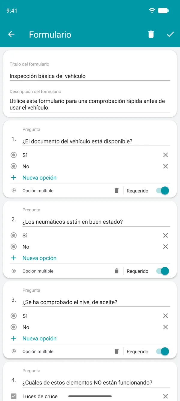 Creación de un formulario de lista de verificación en la app Drivvo, con preguntas de sí o no y un campo obligatorio