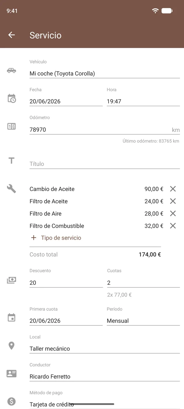 Registro de mantenimiento en Drivvo con cambio de aceite, filtros, costes, odómetro y lugar