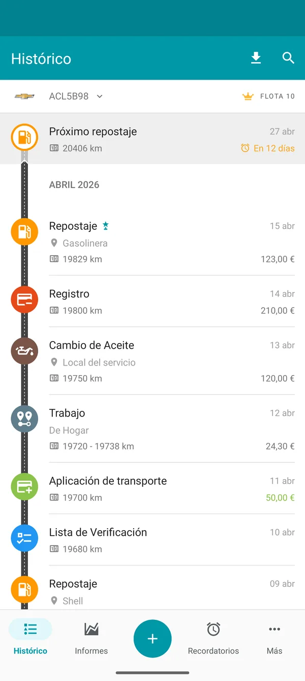 Drivvo — Historial de registros