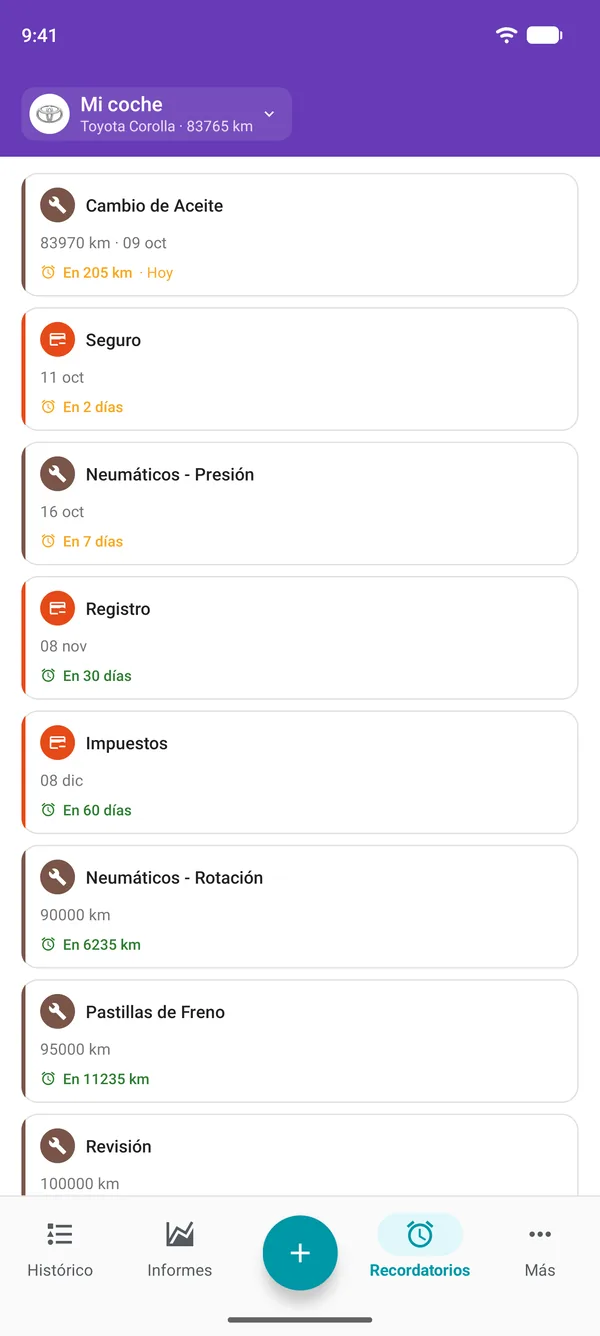 Recordatorios en la app Drivvo de la revisión, la matriculación y los impuestos, con el tiempo que falta para cada vencimiento