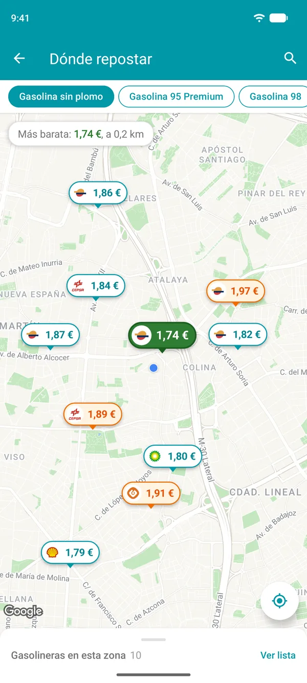 Mapa de la app Drivvo con el precio de la gasolina en cada gasolinera cercana y la más barata en verde
