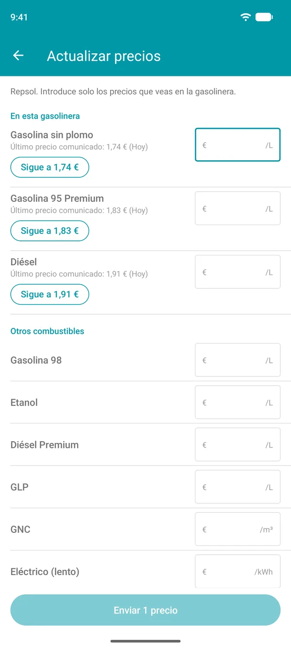 Pantalla para actualizar precios en la app Drivvo, con el último precio registrado de cada combustible y un botón para confirmarlo