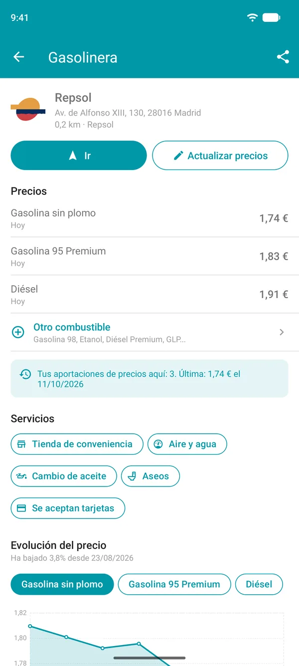 Detalles de una gasolinera en la app Drivvo, con precios de los combustibles, servicios y un gráfico del historial de precios