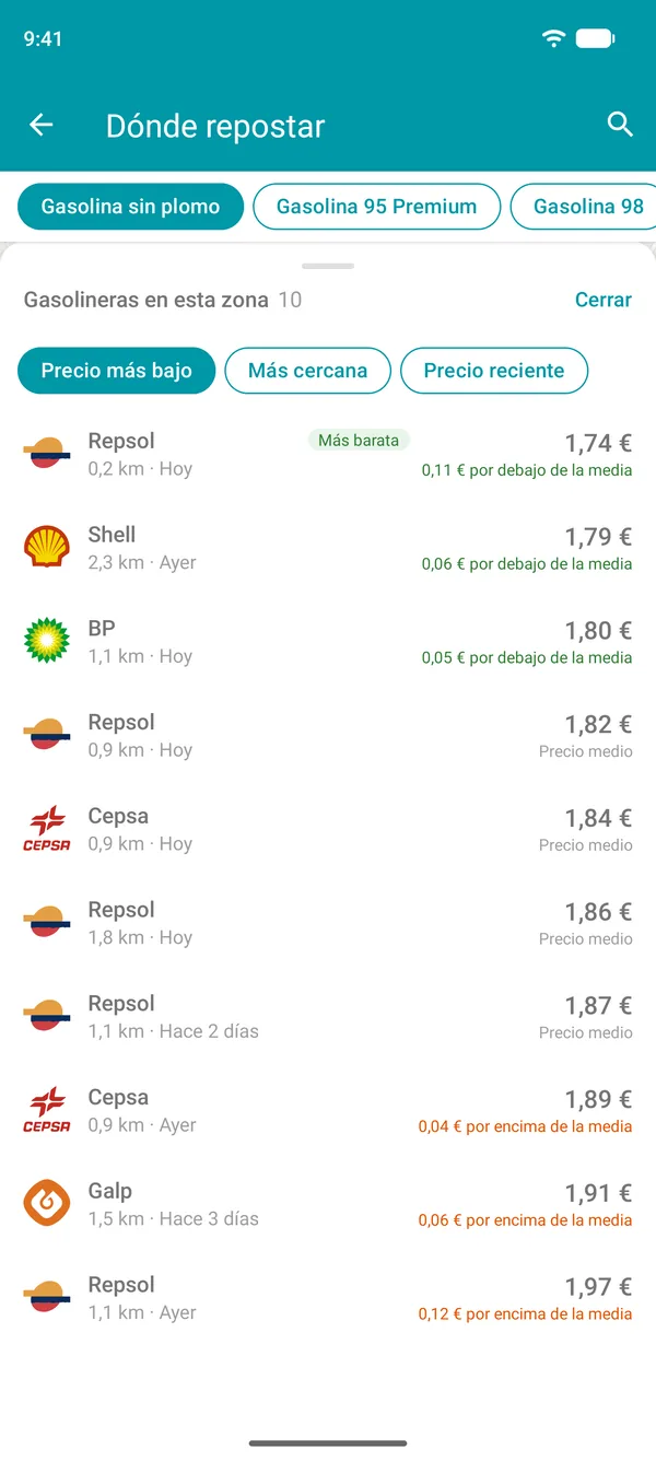 Lista de gasolineras cercanas en la app Drivvo, ordenadas de menor a mayor precio, con la opción de ordenar por distancia