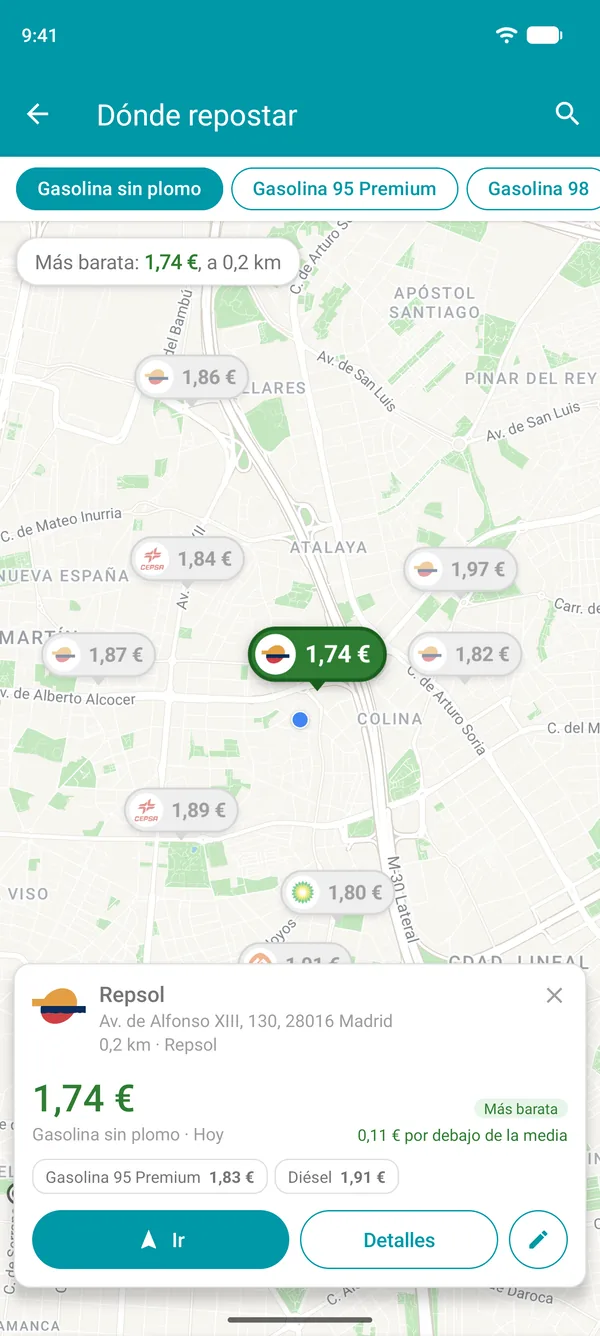 Gasolinera más barata abierta en la app Drivvo, con sus precios de combustible, la distancia y el botón Ir
