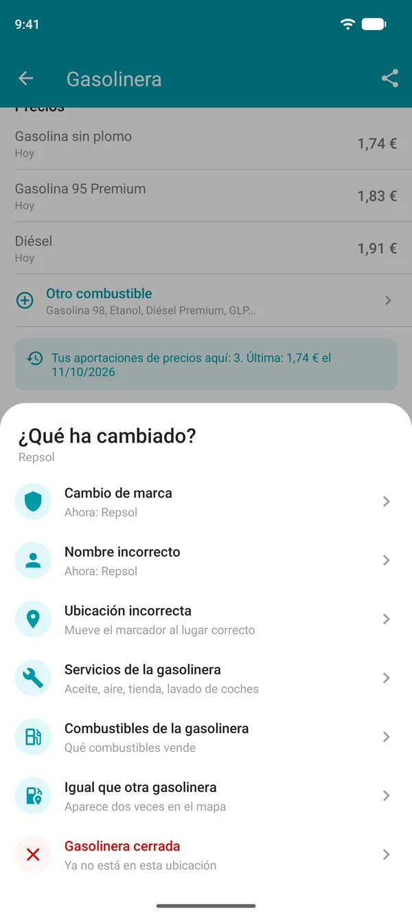 Opciones para sugerir un cambio en la app Drivvo: marca, nombre, ubicación, servicios, combustibles, gasolinera duplicada o cerrada