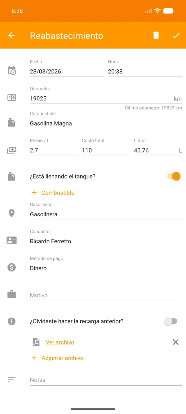 Drivvo — Registro — Control de combustible