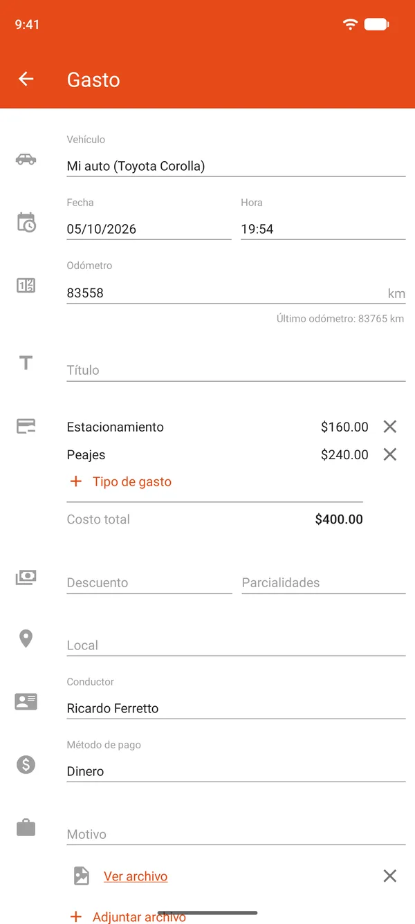 Registro de gastos de estacionamiento y casetas, con descuento y pagos a plazos