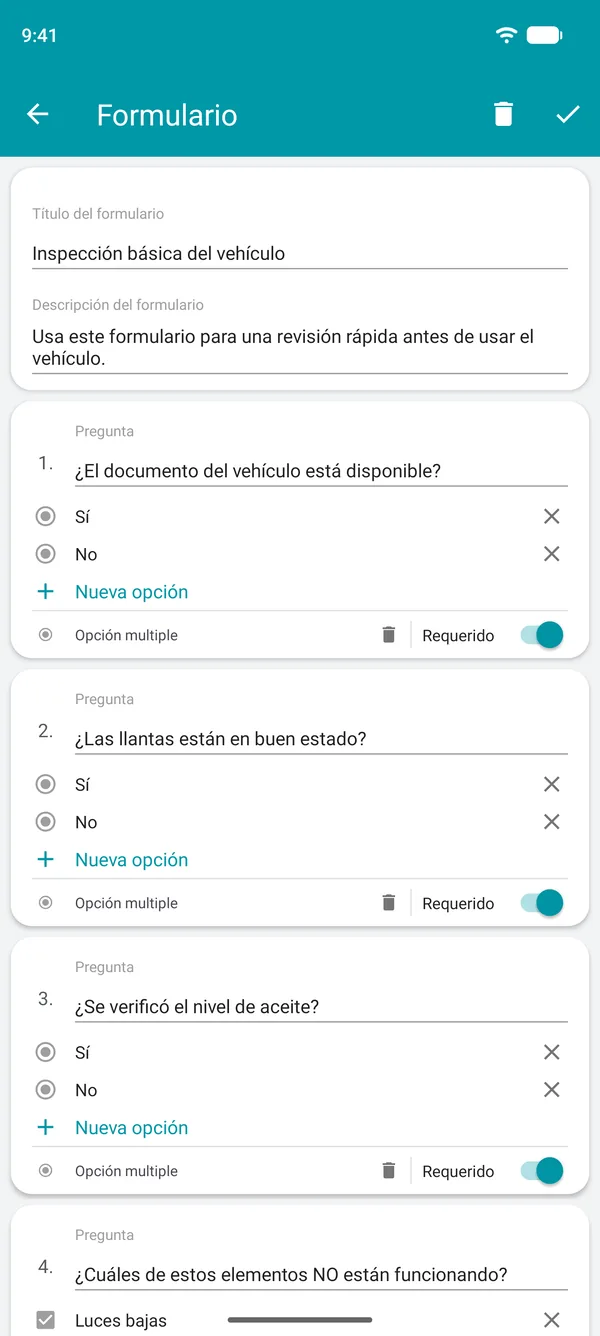 Creación de un formulario de lista de verificación en la app de Drivvo, con preguntas de sí o no y un campo obligatorio
