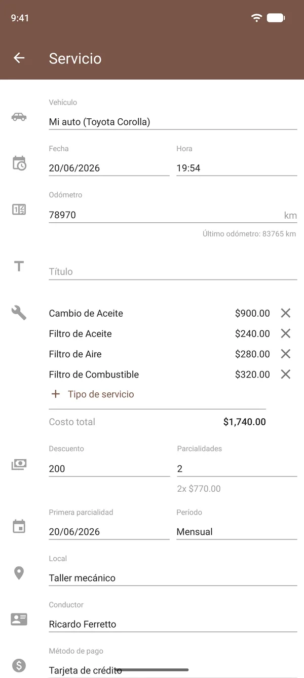 Registro de servicio en Drivvo con cambio de aceite, filtros, costos, odómetro y lugar