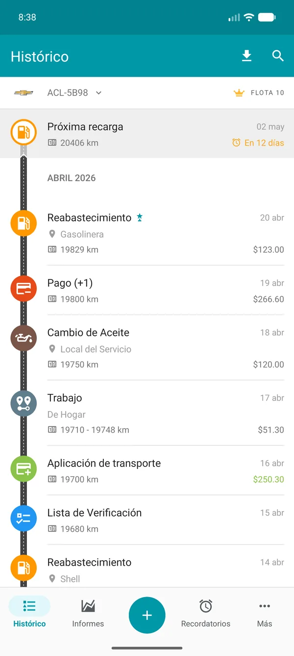 Drivvo — Historial de registros