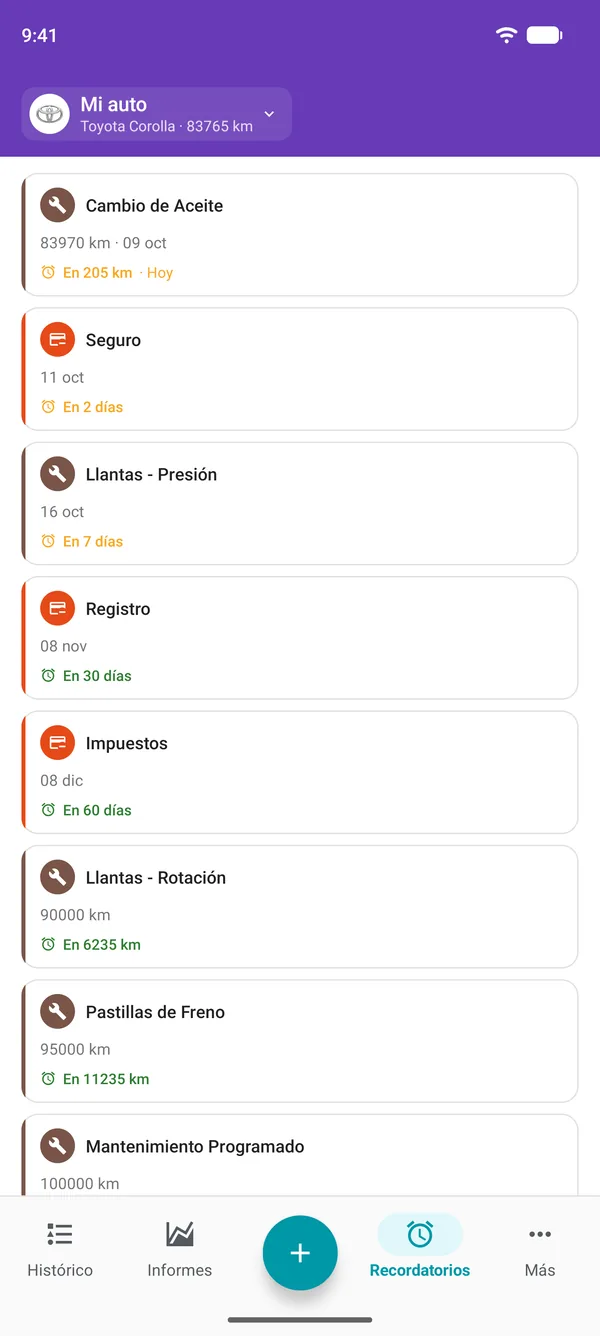 Recordatorios en la app de Drivvo para el servicio, los trámites vehiculares y los impuestos, con el tiempo que falta para cada vencimiento