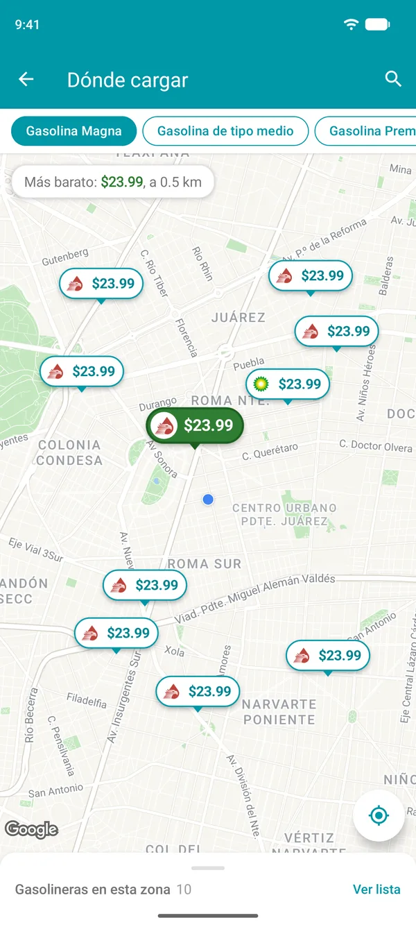 Mapa en la app Drivvo con el precio de la gasolina en cada gasolinera cercana y la más barata en verde