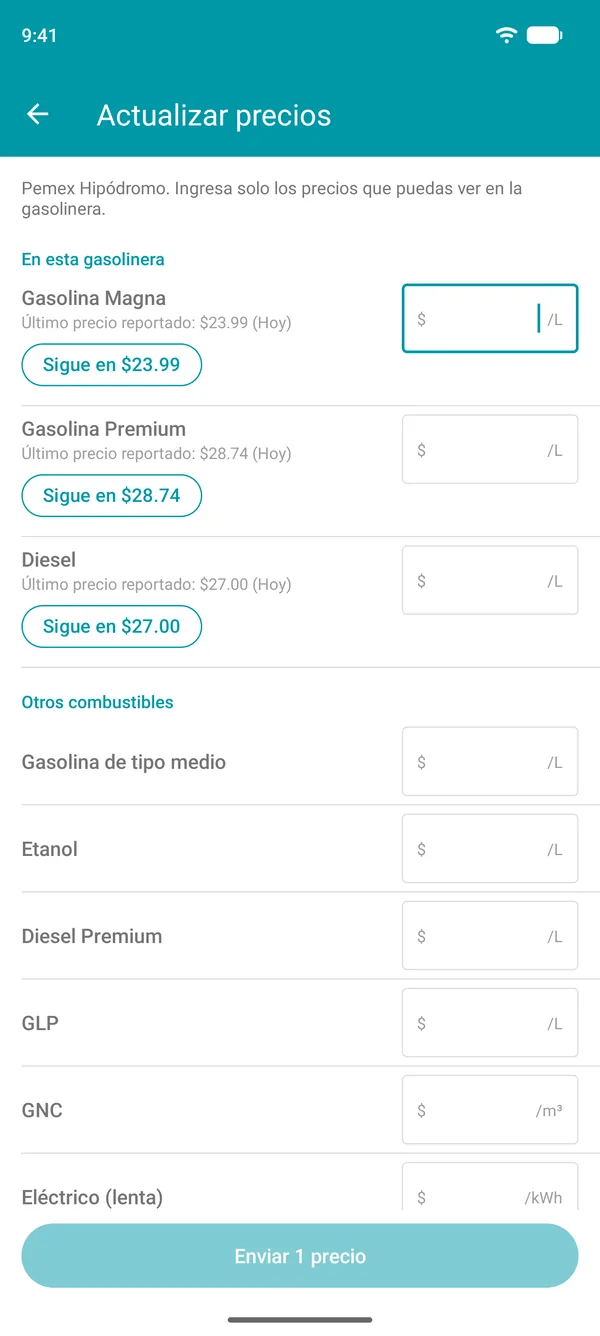 Pantalla Actualizar precios en Drivvo, con el último precio reportado de cada combustible y un botón para confirmarlo