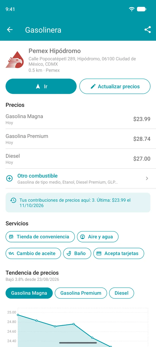 Detalles de una gasolinera en Drivvo, con precios de combustible, servicios y gráfica del historial de precios