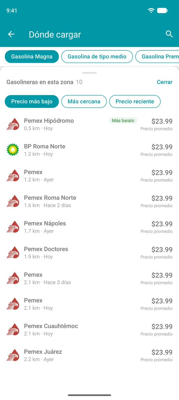 Lista de gasolineras cercanas en Drivvo, ordenadas del precio más bajo al más alto, con opción de ordenar por distancia
