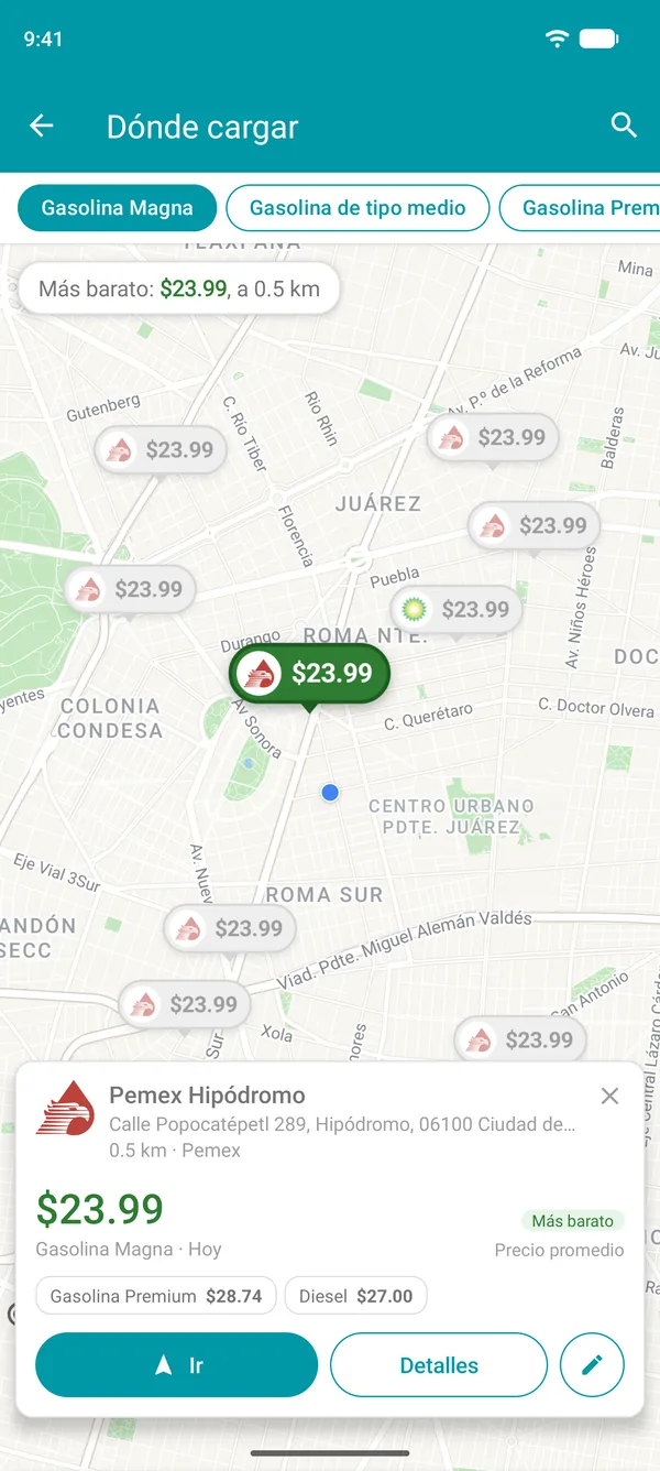 Gasolinera más barata abierta en la app Drivvo, con sus precios de combustible, distancia y el botón Ir