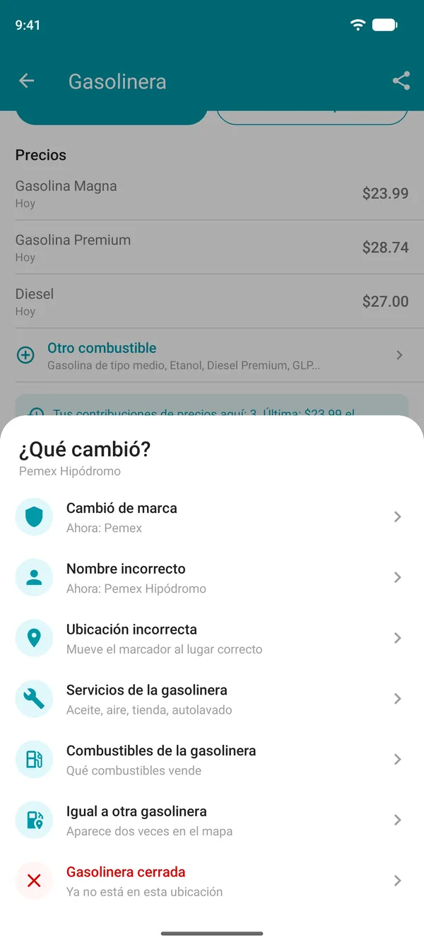 Opciones de Sugerir un cambio en Drivvo: marca, nombre, ubicación, servicios, combustibles, gasolinera duplicada o cerrada