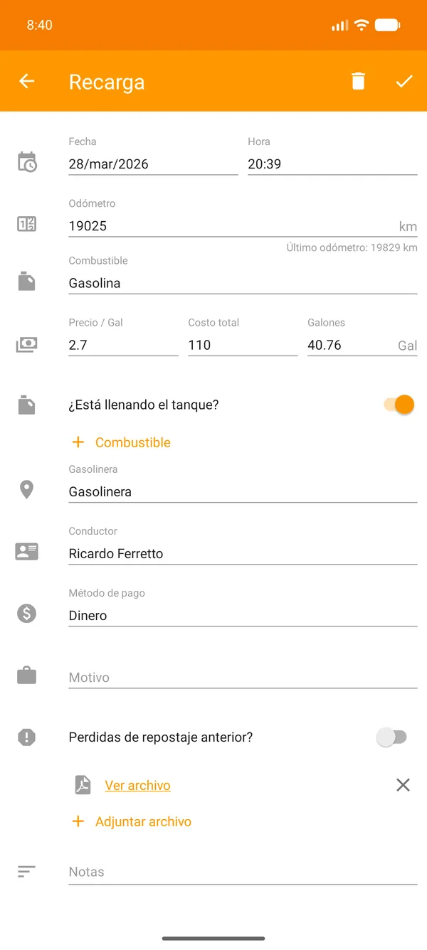 Drivvo — Registro — Control de combustible