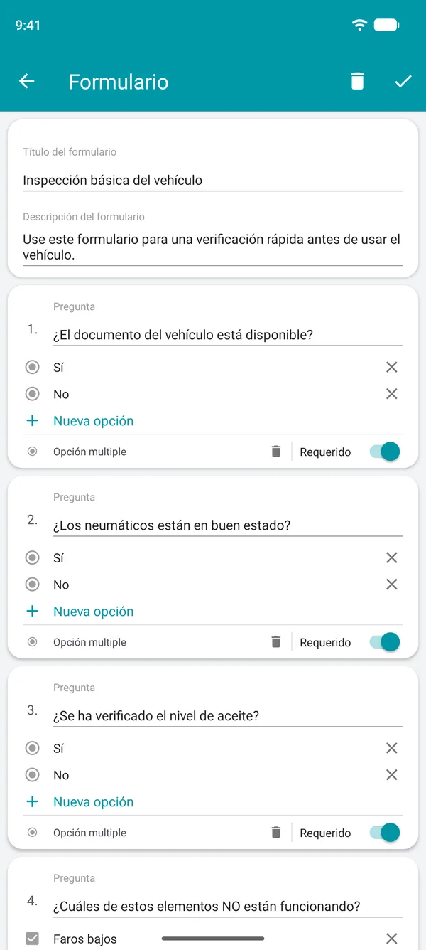 Creación de un formulario de lista de verificación en la app Drivvo, con preguntas de sí o no y un campo obligatorio