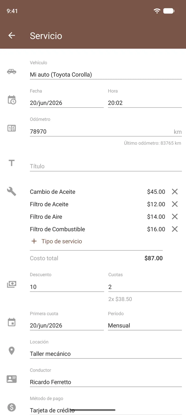 Registro de servicio en Drivvo con cambio de aceite, filtros, costos, odómetro y lugar