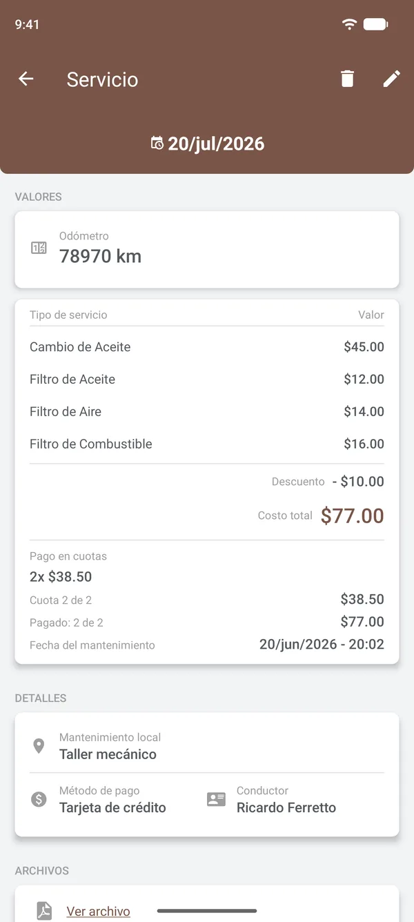 Detalles de un servicio con artículos, descuento, pagos a plazos, lugar y conductor