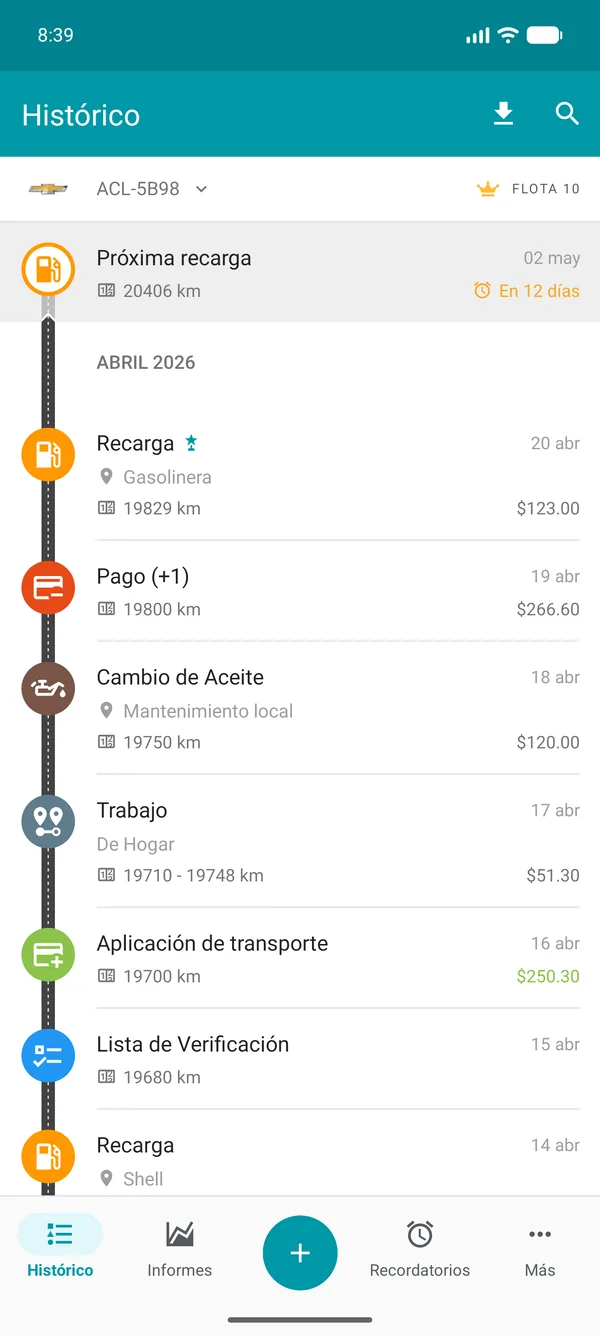 Drivvo — Historial de registros
