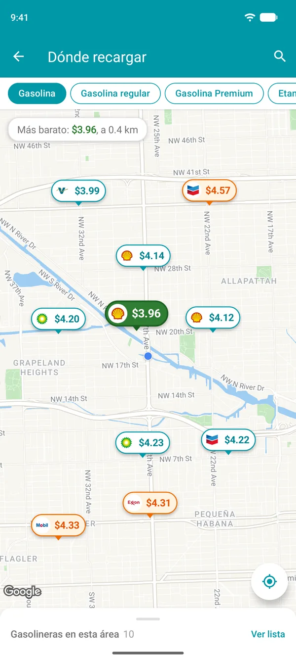 Mapa en la app Drivvo con el precio de la gasolina en cada gasolinera cercana y la más barata en verde