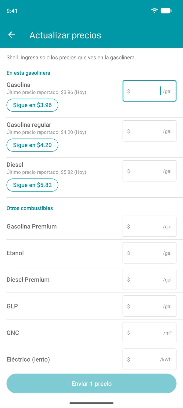 Pantalla de Actualizar precios en la app Drivvo, con el último precio reportado de cada combustible y un botón para confirmarlo