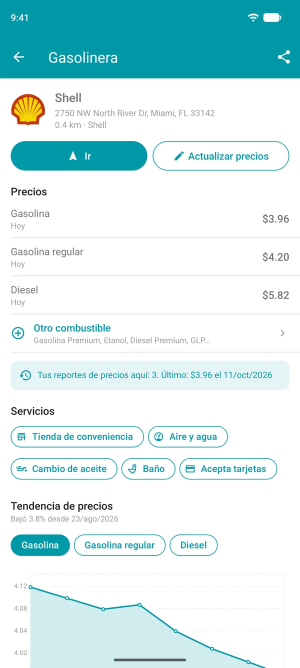 Detalles de una gasolinera en la app Drivvo con precios de combustible, servicios y una gráfica del historial de precios