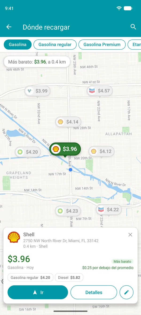 La gasolinera más barata abierta en la app Drivvo, con sus precios de combustible, la distancia y el botón Ir
