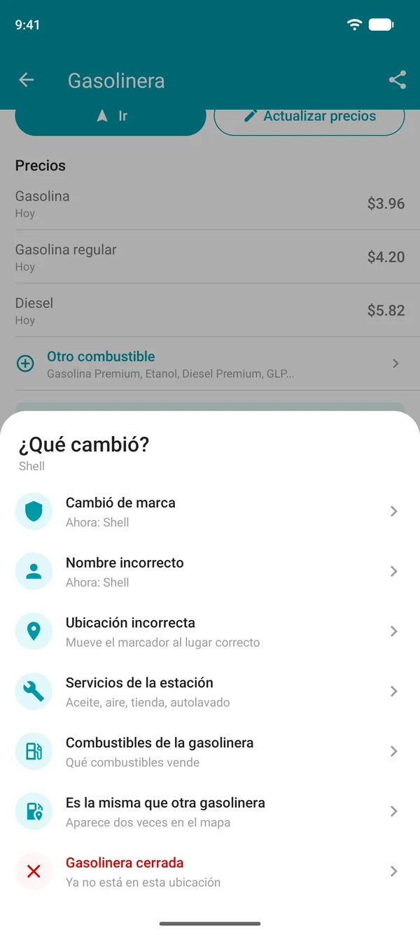 Opciones de Sugerir un cambio en la app Drivvo: marca, nombre, ubicación, servicios, combustibles, gasolinera duplicada o cerrada