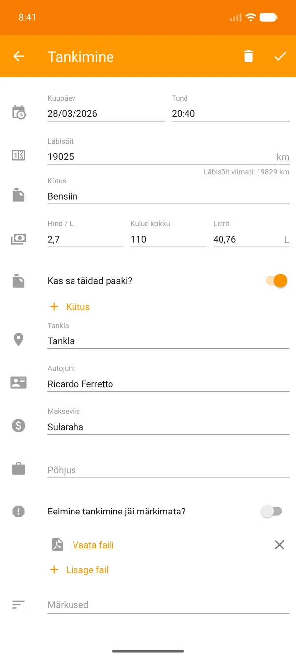 Drivvo — Registreerimine — Kütuse jälgimine