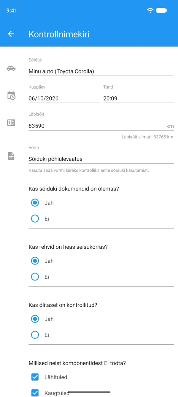 Telefonis täidetud sõiduki kontrollnimekiri sõiduki, läbisõidunäidu ning jah- või ei-vastustega