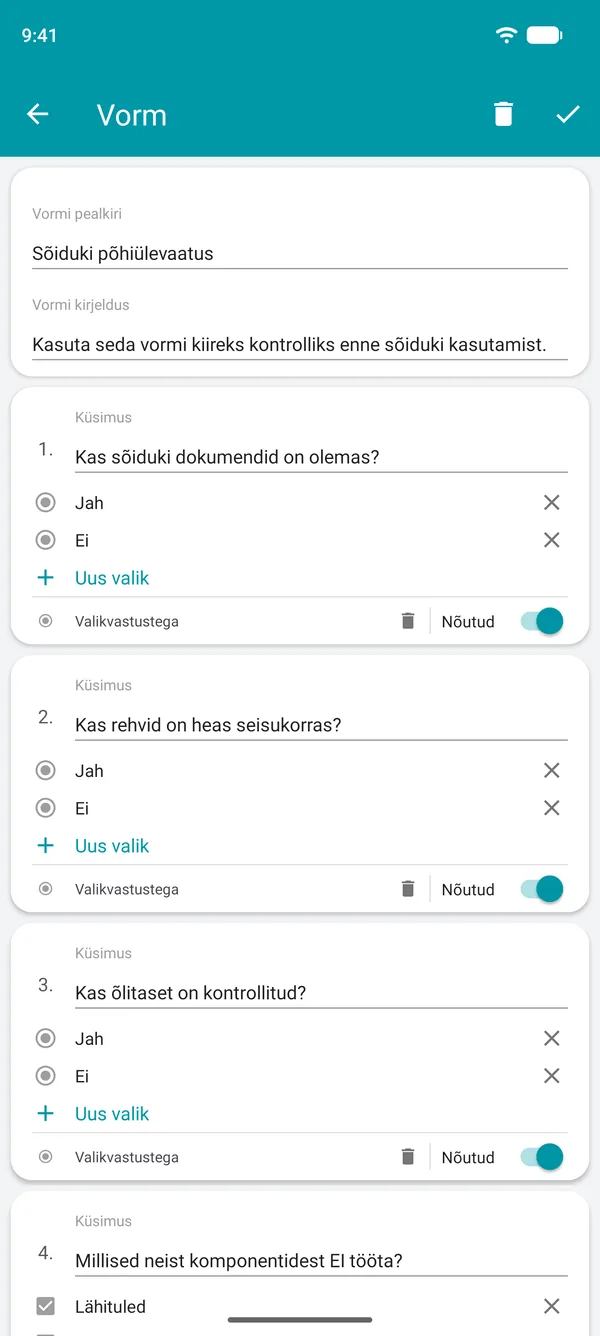Kontrollnimekirja vormi koostamine Drivvo rakenduses, jah- või ei-küsimuste ja kohustusliku väljaga