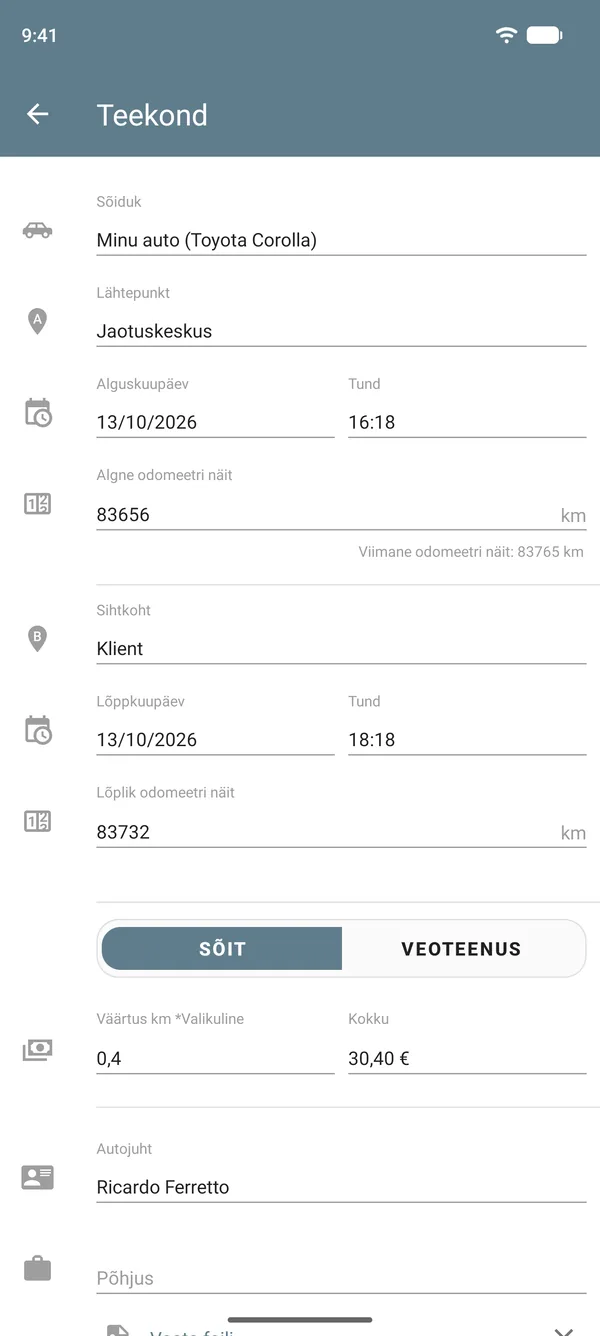 Teekonna kirje sõidurežiimis koos algus- ja sihtkoha, odomeetri näitude, vahemaa ühikuhinna ja kogusummaga